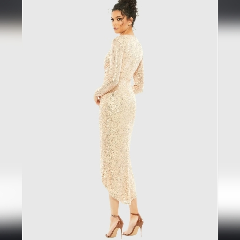NWT! Ieena for Mac Duggal, Sequined High Low Front Twist Midi Dress, Rose Gold - Picture 4 of 10